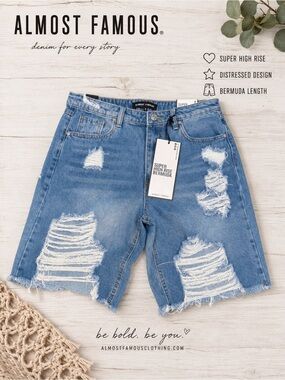 NWT Almost Famous Super High Rise Distressed Bermuda Denim Shorts Size 7
